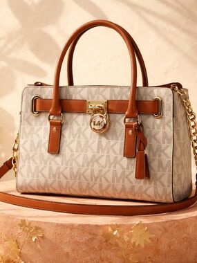 Michael Kors Beige/Caramel MK Logo Satchel with Gold Hardware